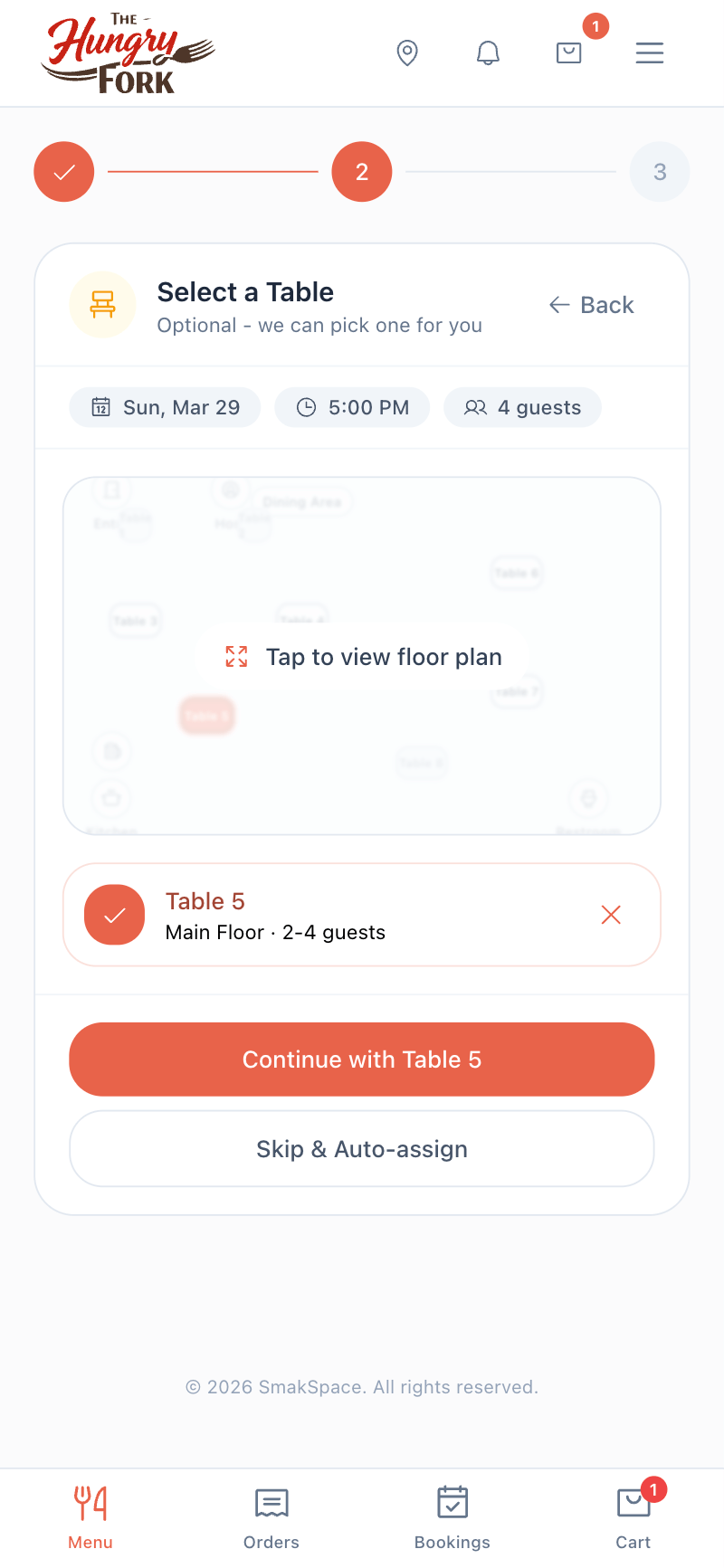 Booking a table via the same SmakSpace link — date, time, party size