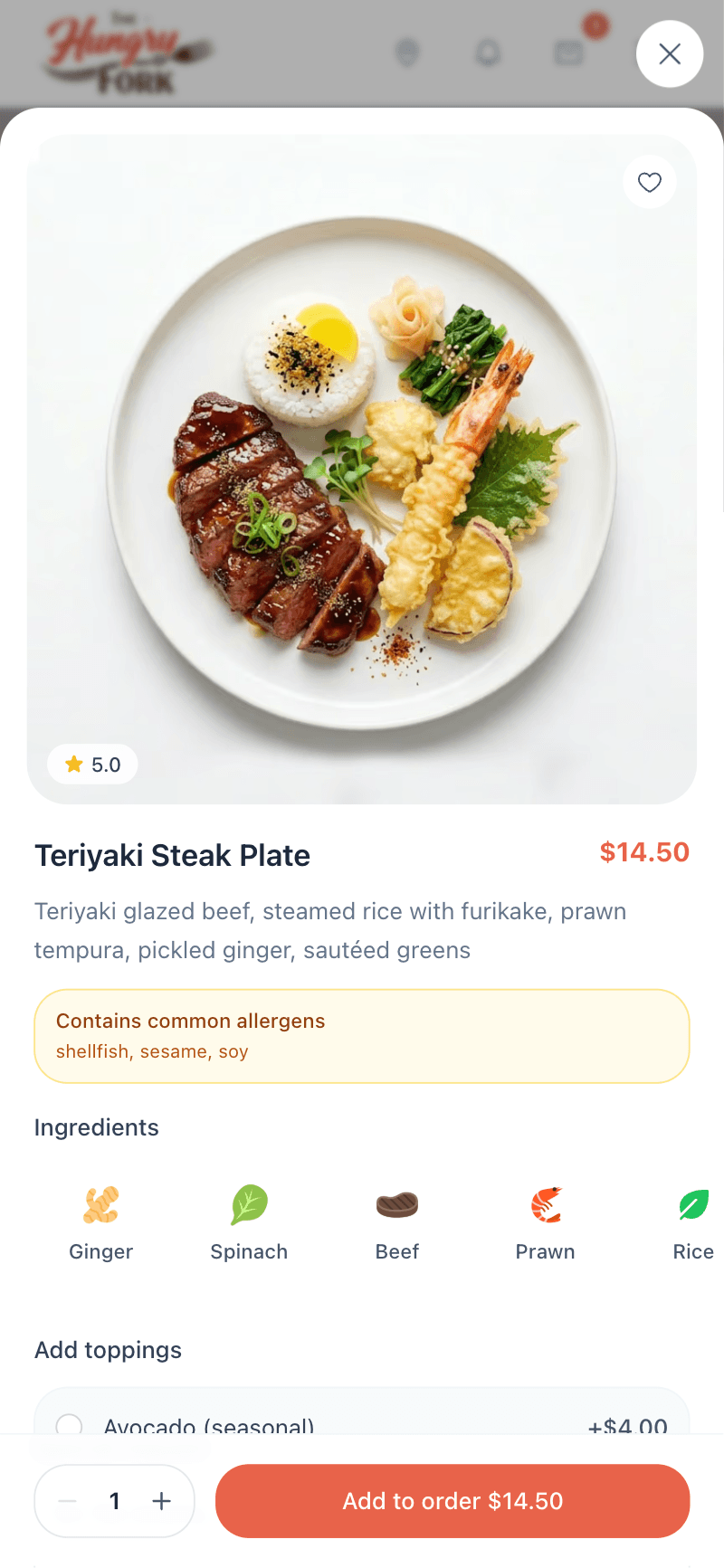 A menu item with photo, ingredients and allergens — the item-detail view