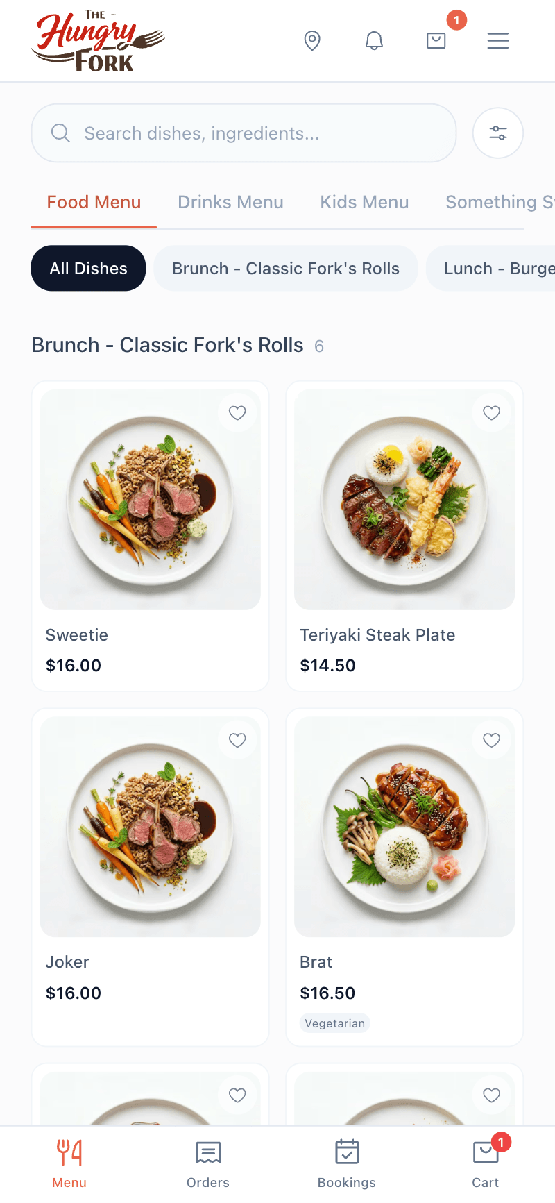 SmakSpace menu list view — what a customer sees after scanning the QR code